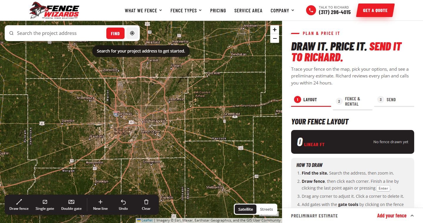 The Fence Wizards price estimator: a satellite map of the Indianapolis area with fence drawing tools and a price panel